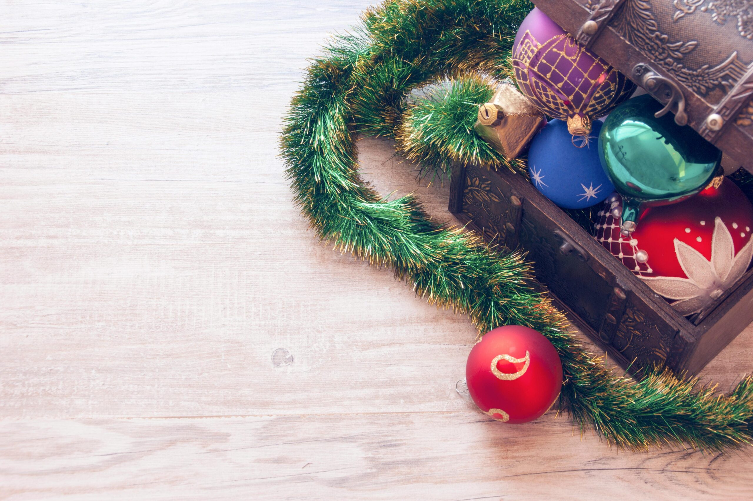 Christmas decorations in a chest